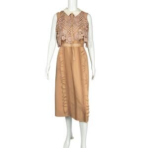 SELF-PORTRAIT Beige Crepe Lace Midi Dress Size 6